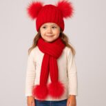 Çift Ponponlu Kırmızı Triko Atkı Bere Set