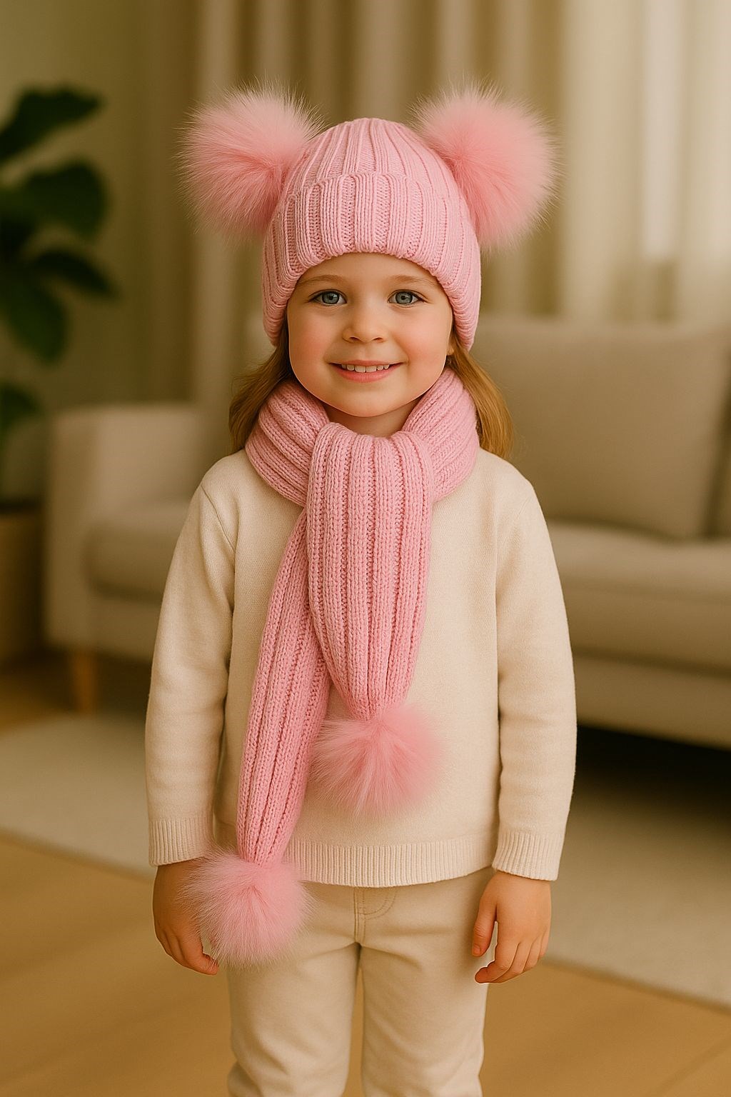 PEMBE PONPONLU TRİKO ATKI BERE SET - Görsel 2