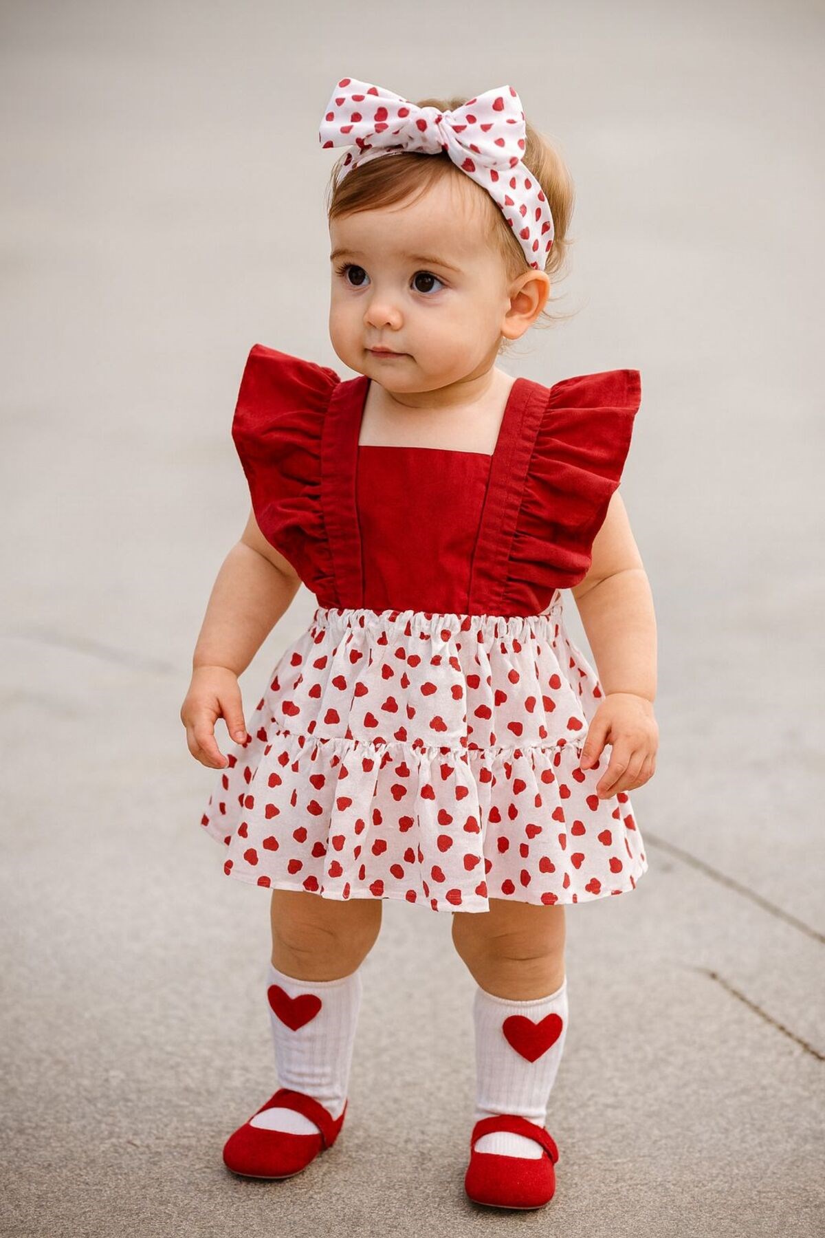 KIZ ÇOCUK KALP DESENLİ FIRFIRLI SALOPET VE ÇORAP SET
