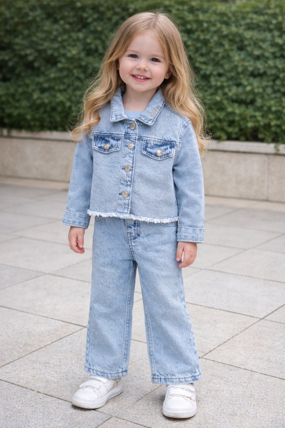 Kız Çocuk Sim Detaylı Parıltılı Kot Takım