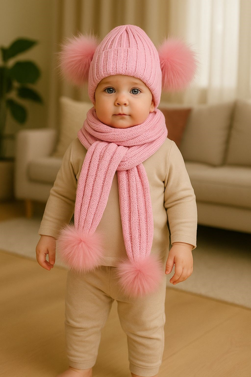 PEMBE PONPONLU TRİKO ATKI BERE SET