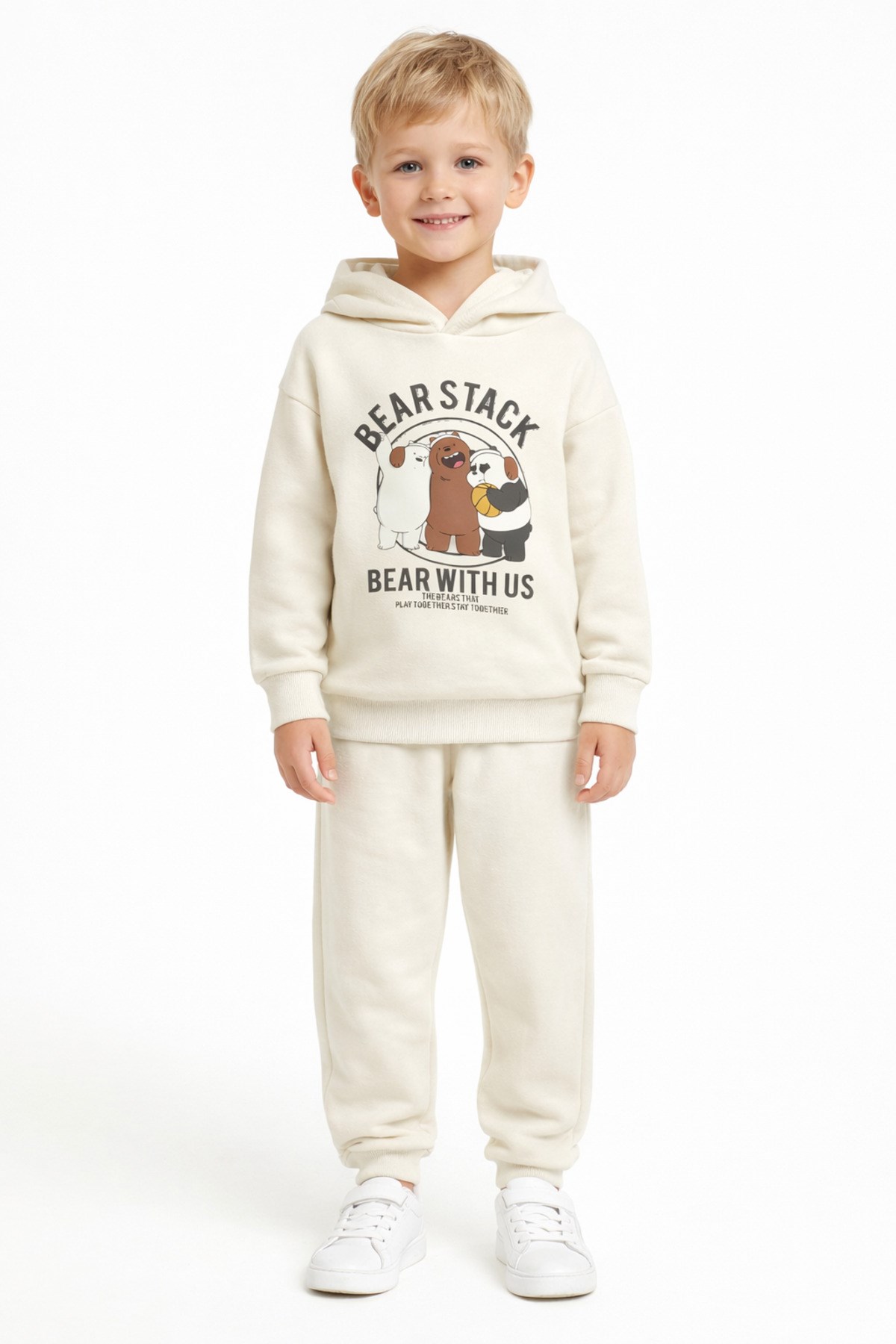 Ayıcık Baskılı Ekru Erkek Çocuk Eşofman Takımı