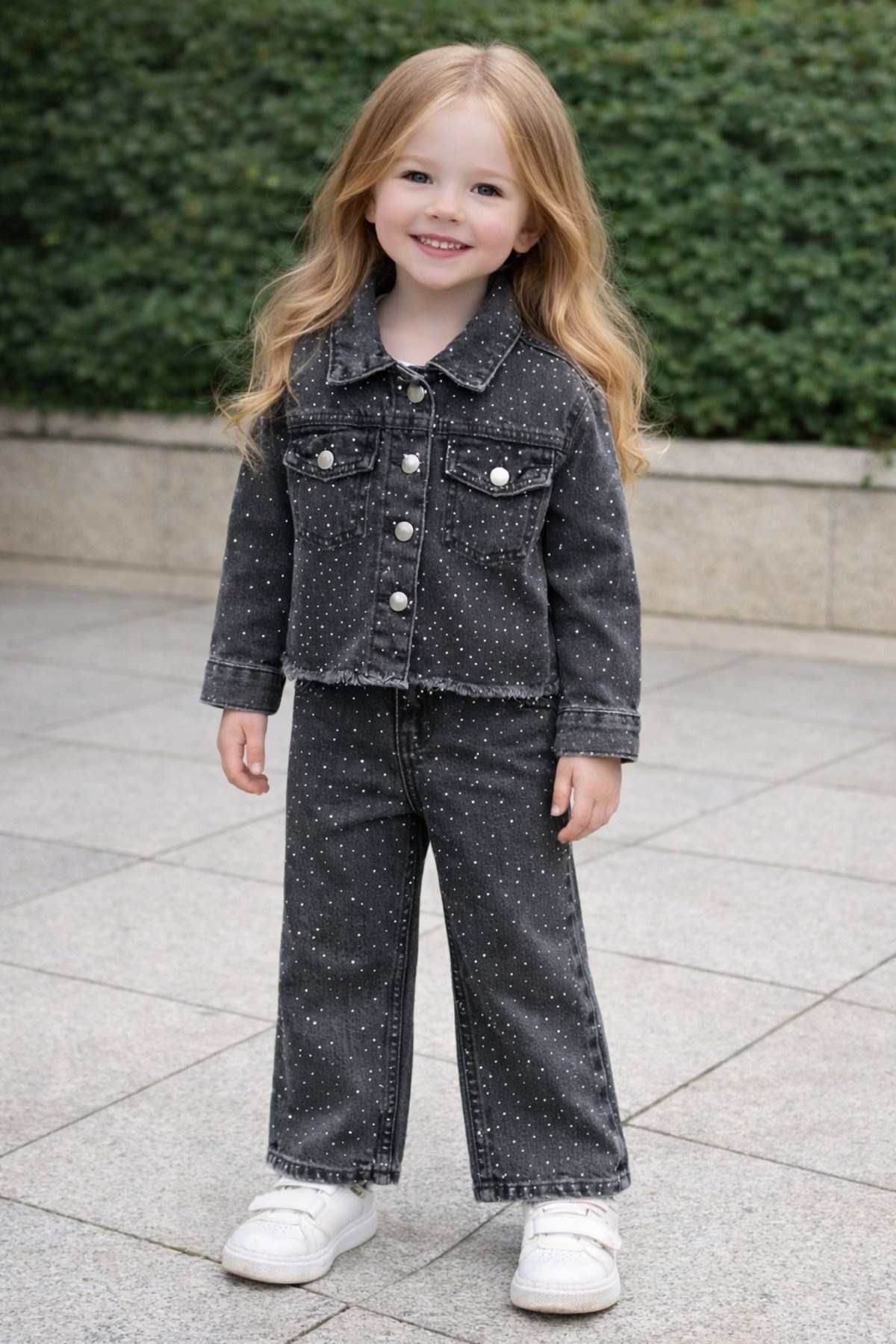 Kız Çocuk Sim Detaylı Parıltılı Kot Takım - Görsel 2