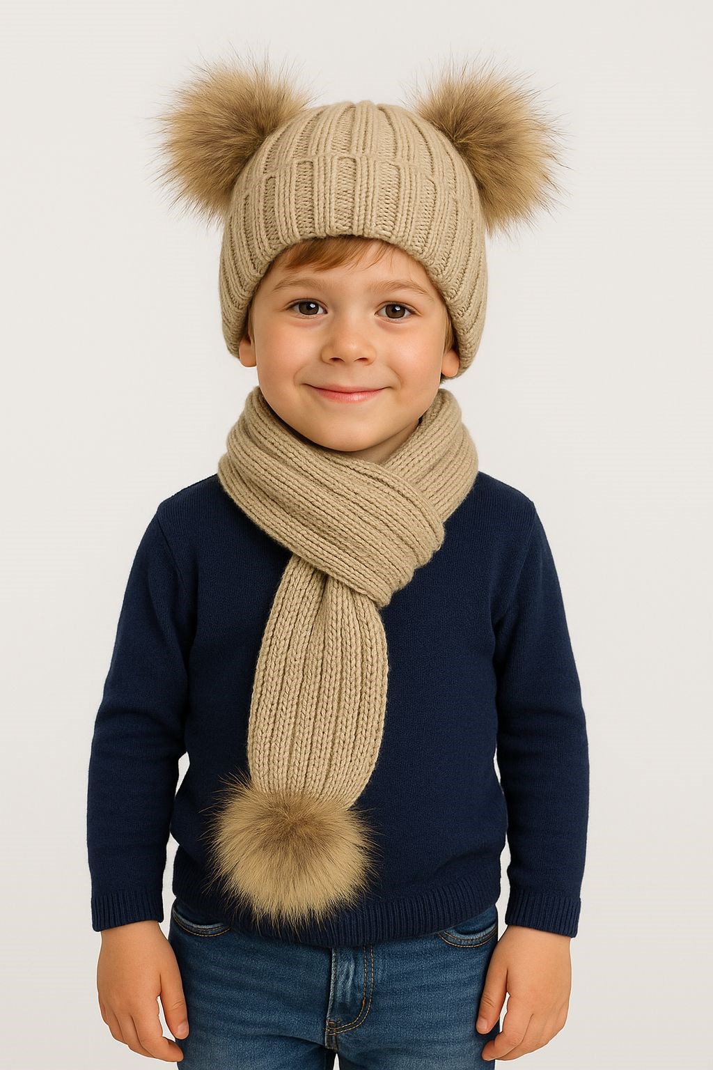 BEJ PONPONLU TRİKO ATKI BERE SET - Görsel 2