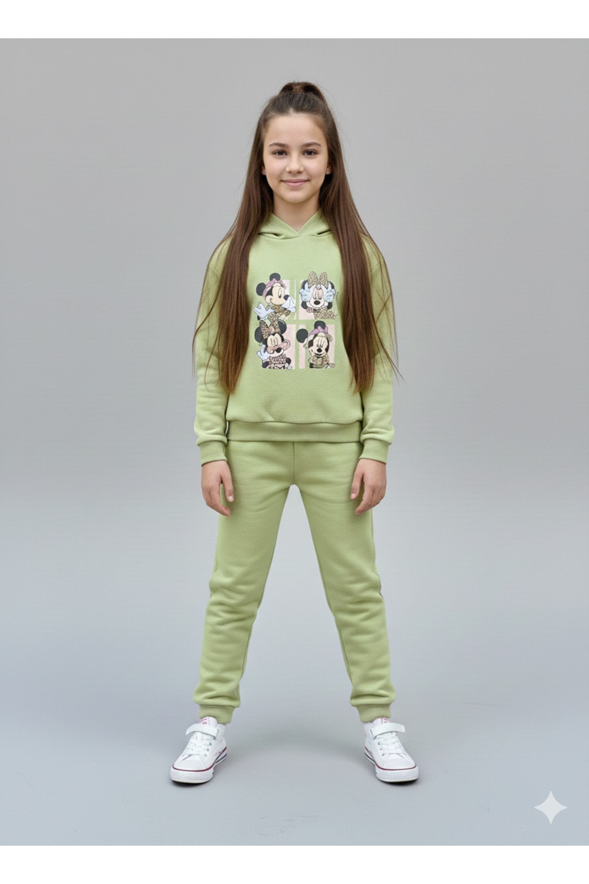 Kız Çocuk Karakterli Baskılı Yeşil Kapüşonlu Alt Üst Takım - Görsel 2