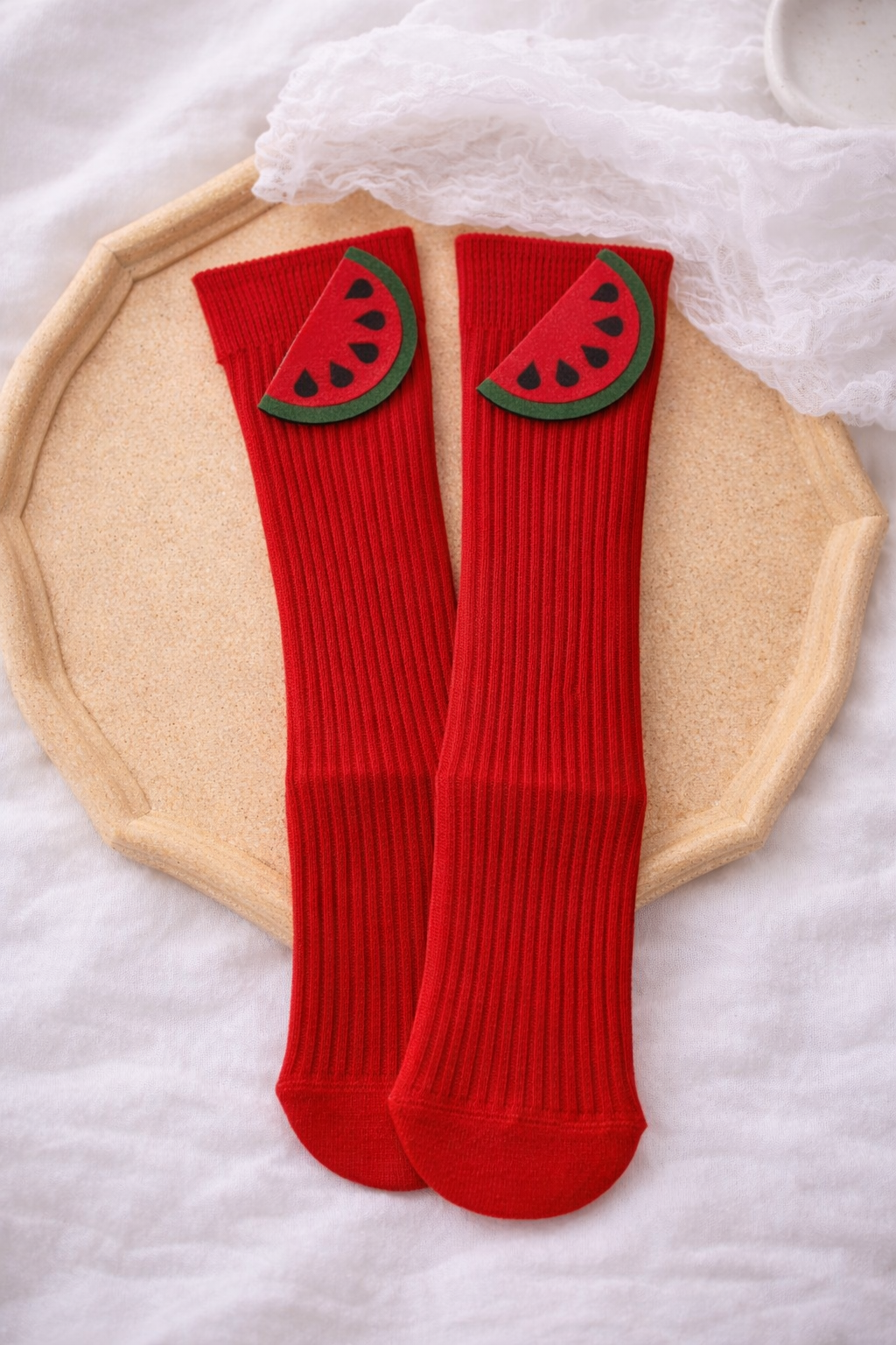 Kız Çocuk Karpuz Keçeli Kırmızı Diz Altı Çorap