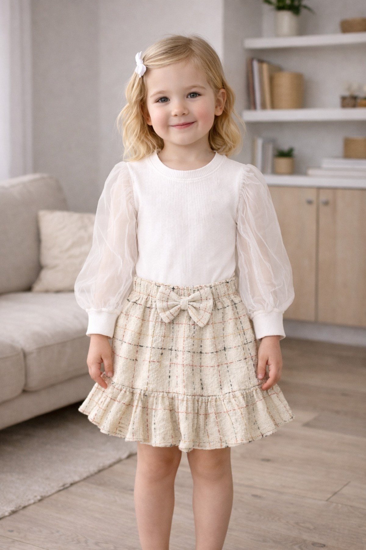 Beyaz Tül Kollu Bluz Ekose Fiyonk Detaylı Kız Çocuk Etek Takım