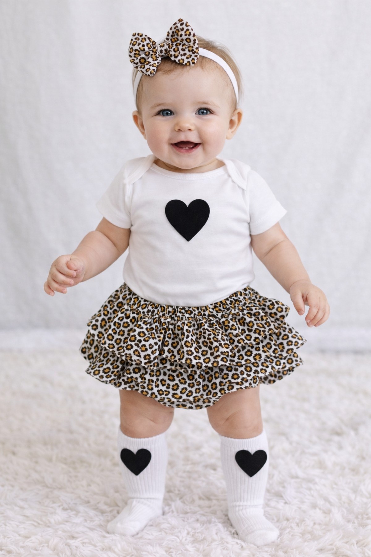 Kız Bebek Kalp Keçeli Body & Leopar Şort Etek Set