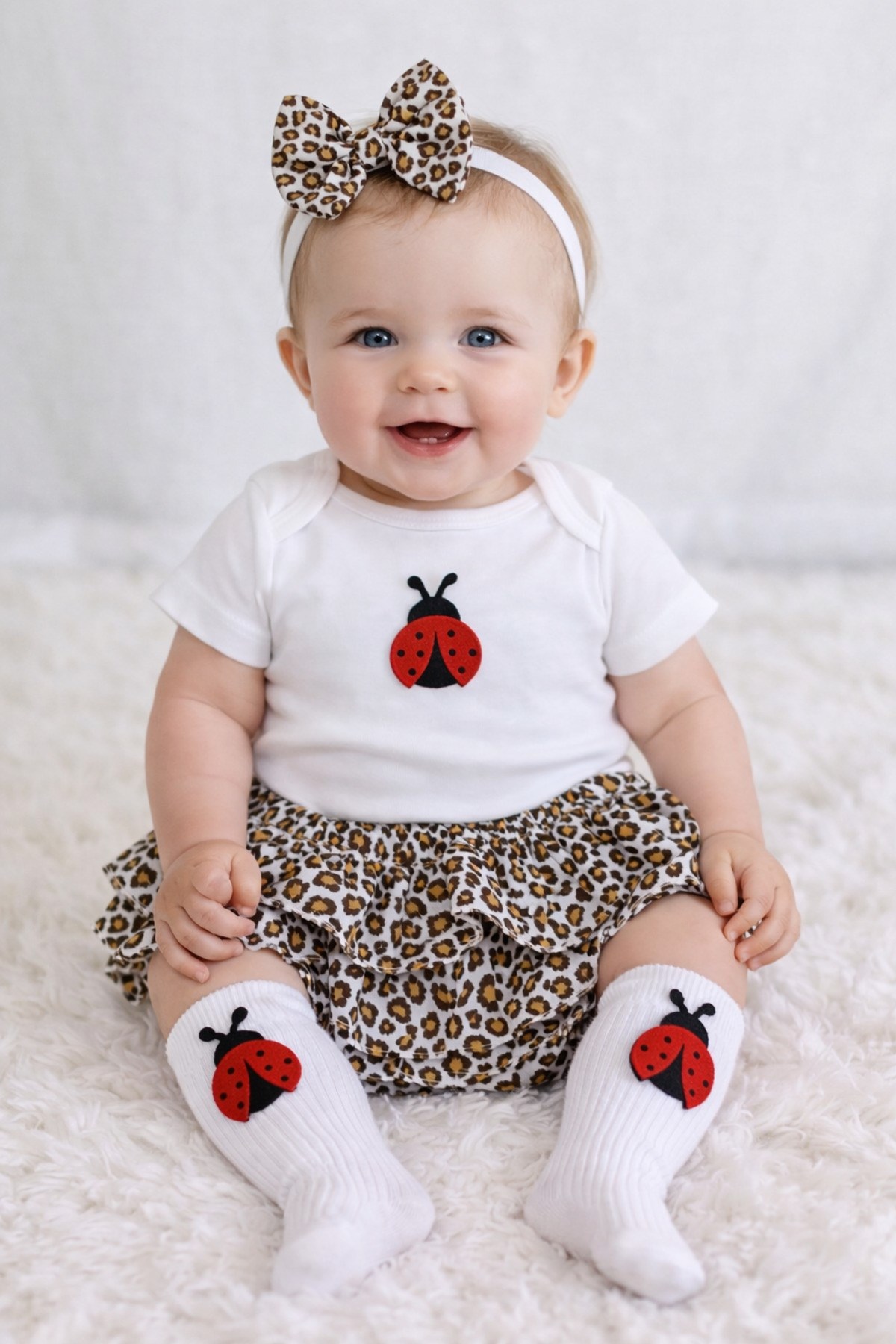 Kız Bebek Uğur Böcekli Body & Leopar Şort Etek Set Ve Çorap Set - Görsel 2