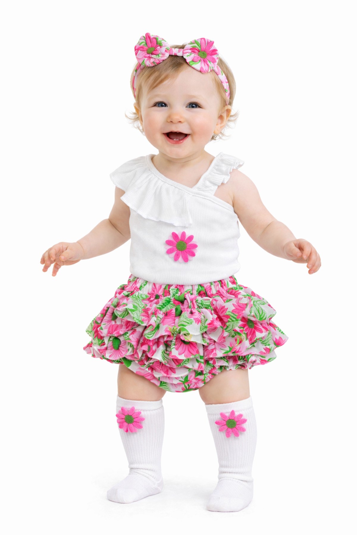 Kız Bebek Pembe Ayçiçek Desenli Fırfırlı Şort Beyaz Tek Kol Ve Çorap Set
