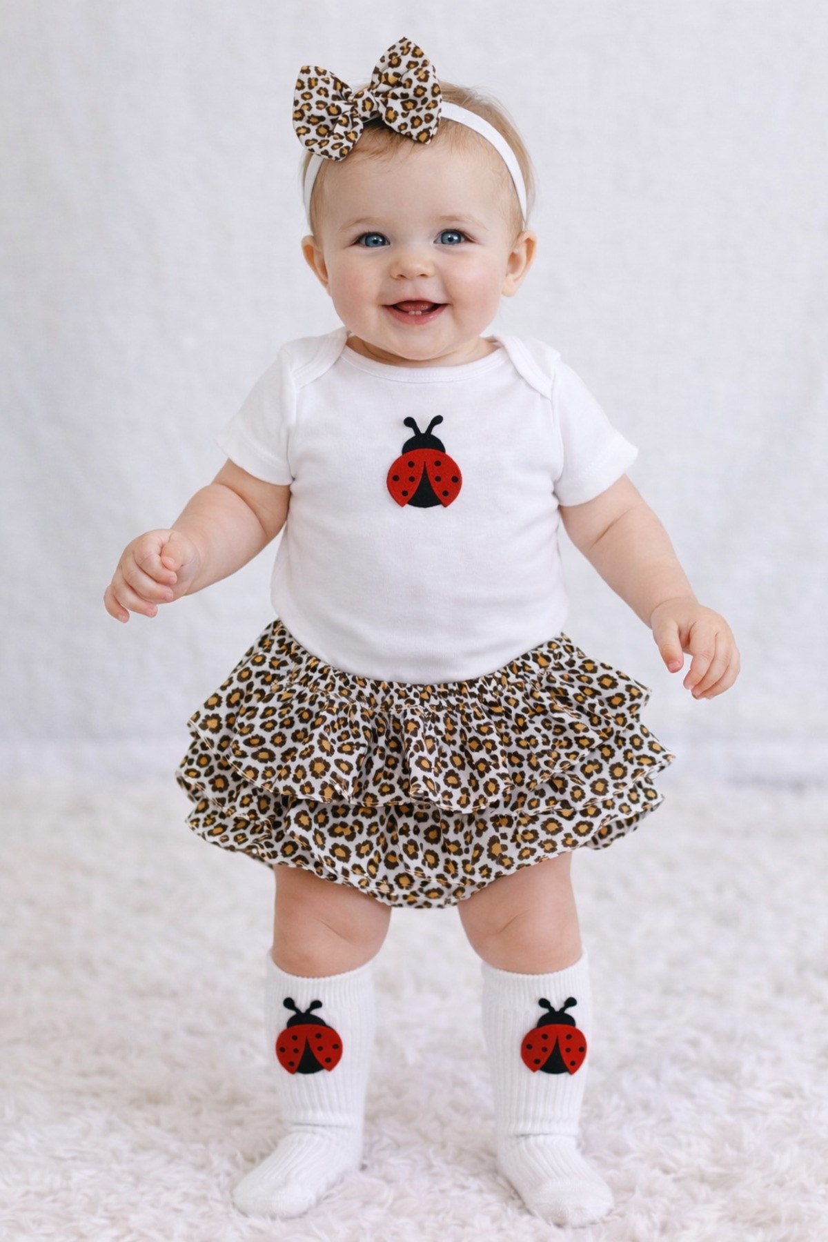 Kız Bebek Uğur Böcekli Body & Leopar Şort Etek Set Ve Çorap Set