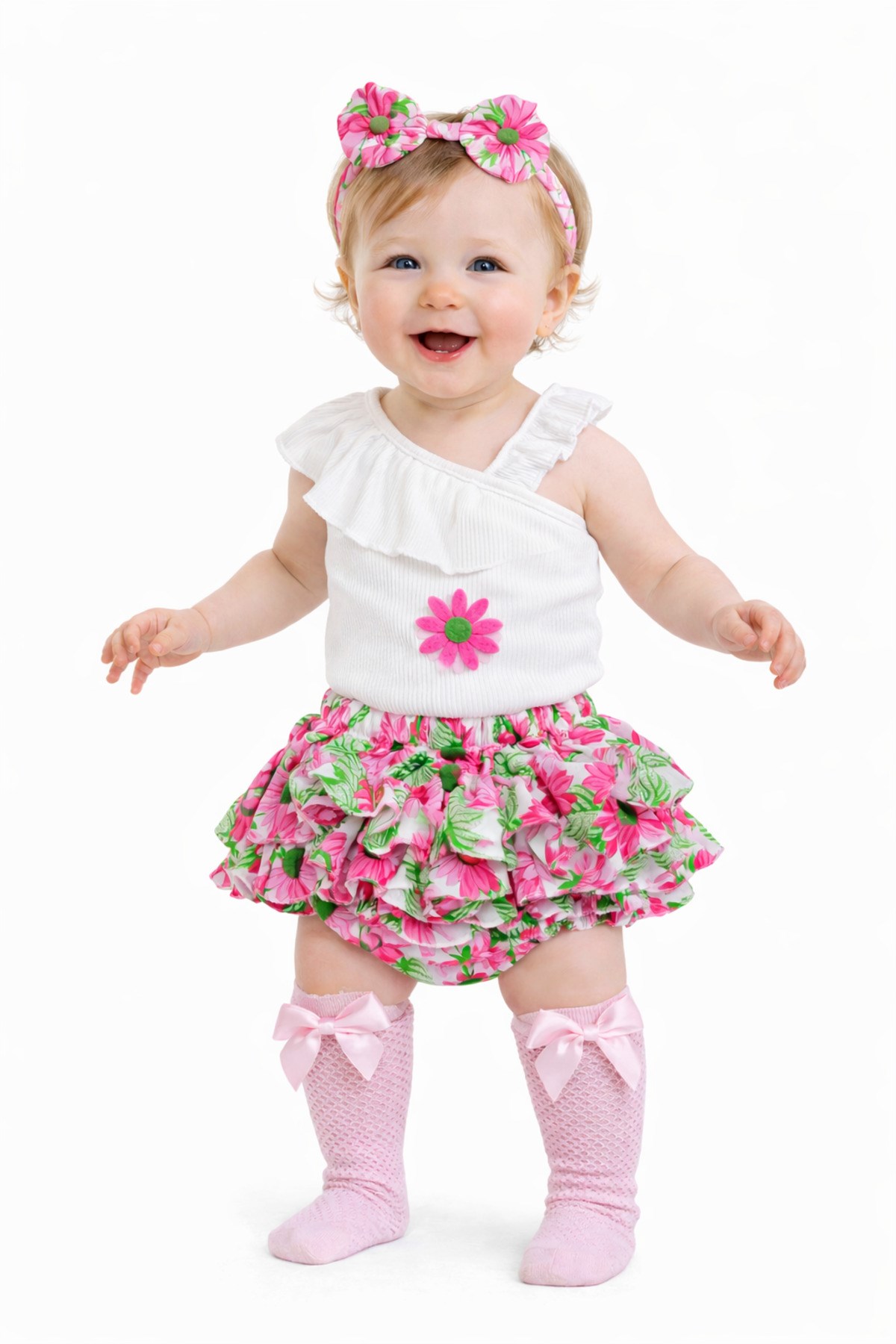 Kız Bebek Pembe Ayçiçek Desenli Fırfırlı Şort Beyaz Tek Kol Ve Pembe File Çorap Set