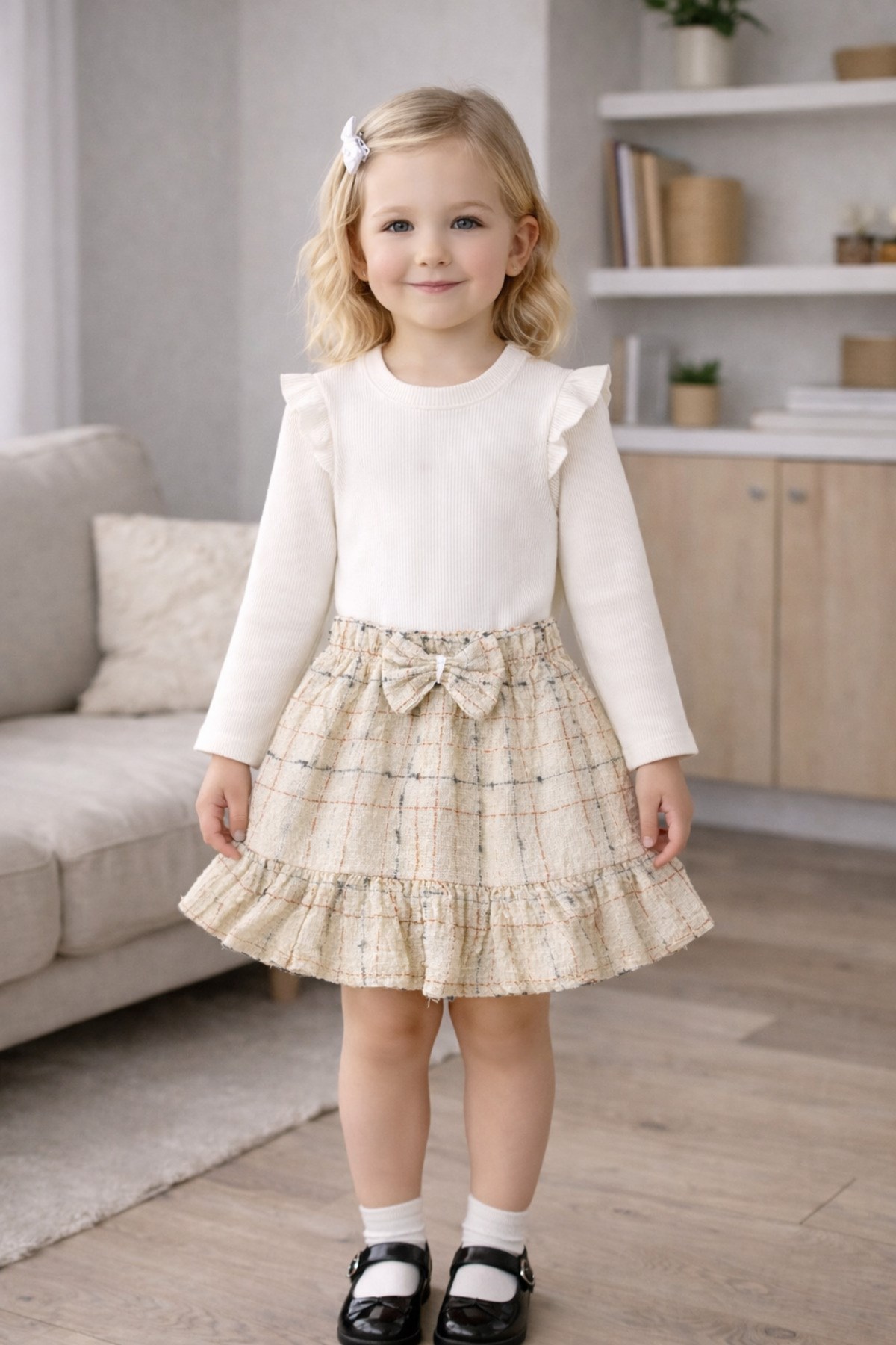 Beyaz Ribana Bluz & Fiyonk Detaylı Ekose Kız Çocuk Etek Takım