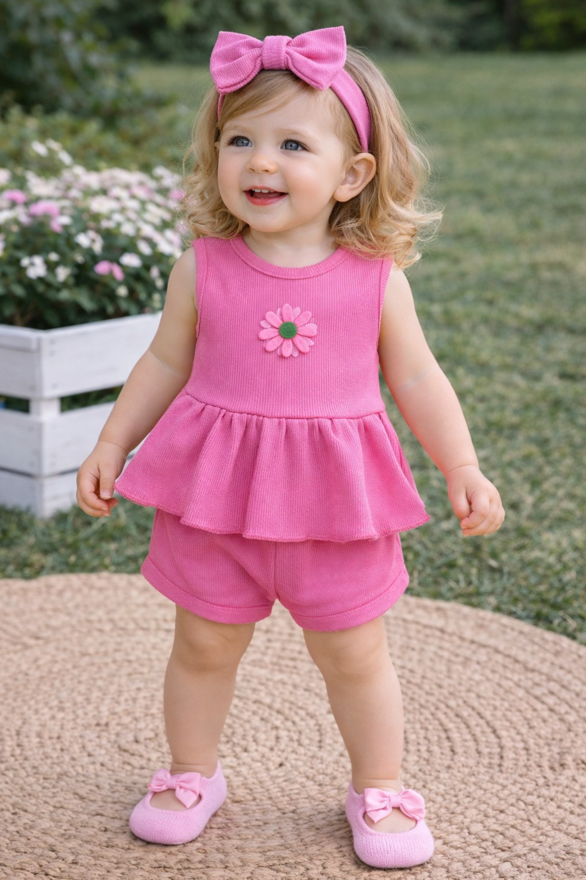 Kız Bebek Pembe Ribana Şortlu Takım Nakışlı Tavşan Desenli Ve Pembe Babet Çorap Set - Görsel 2