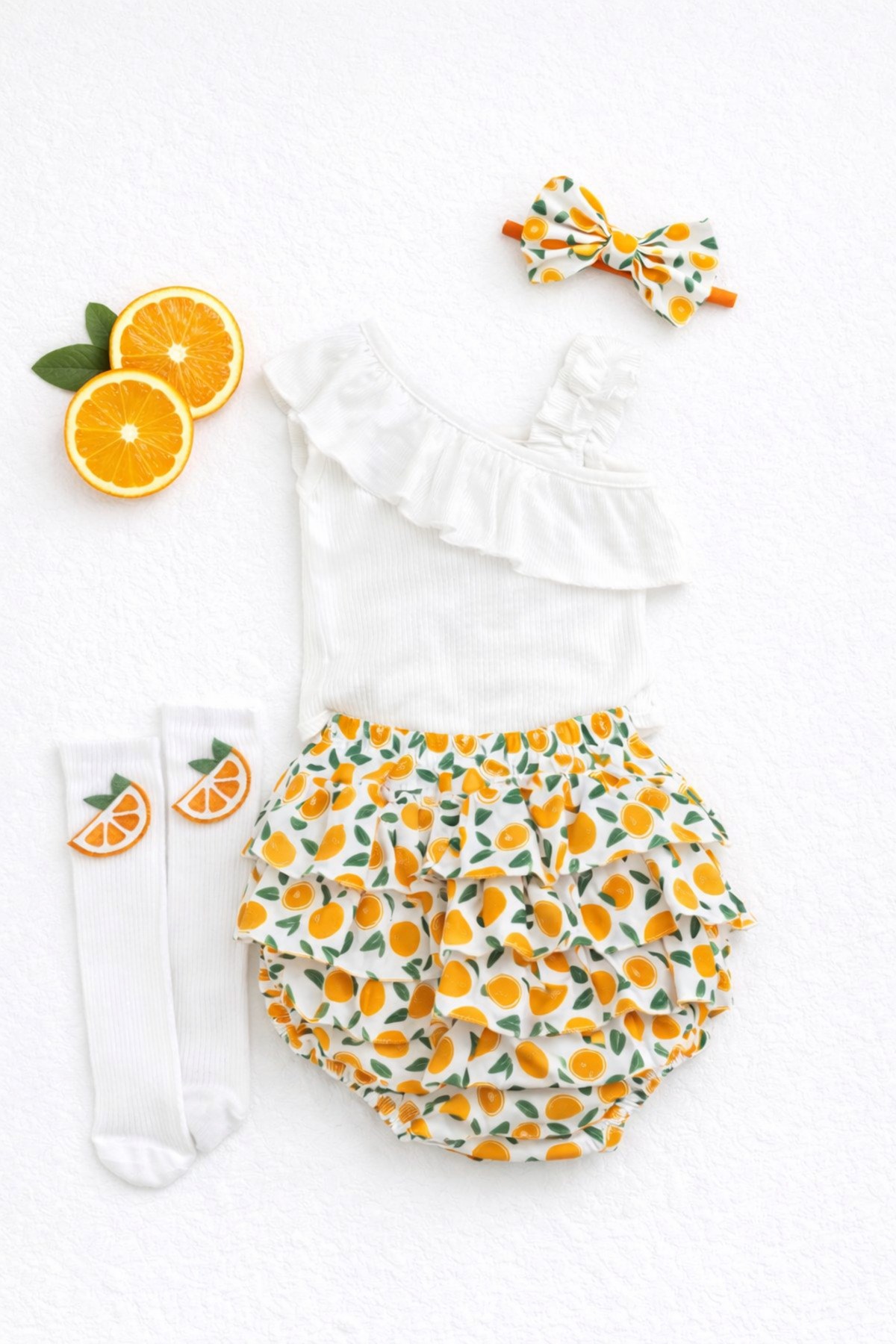 Kız Bebek Portakal Desenli Fırfırlı Şort Ve Beyaz Tek Kol Ve Keçeli Çorap Set - Görsel 2
