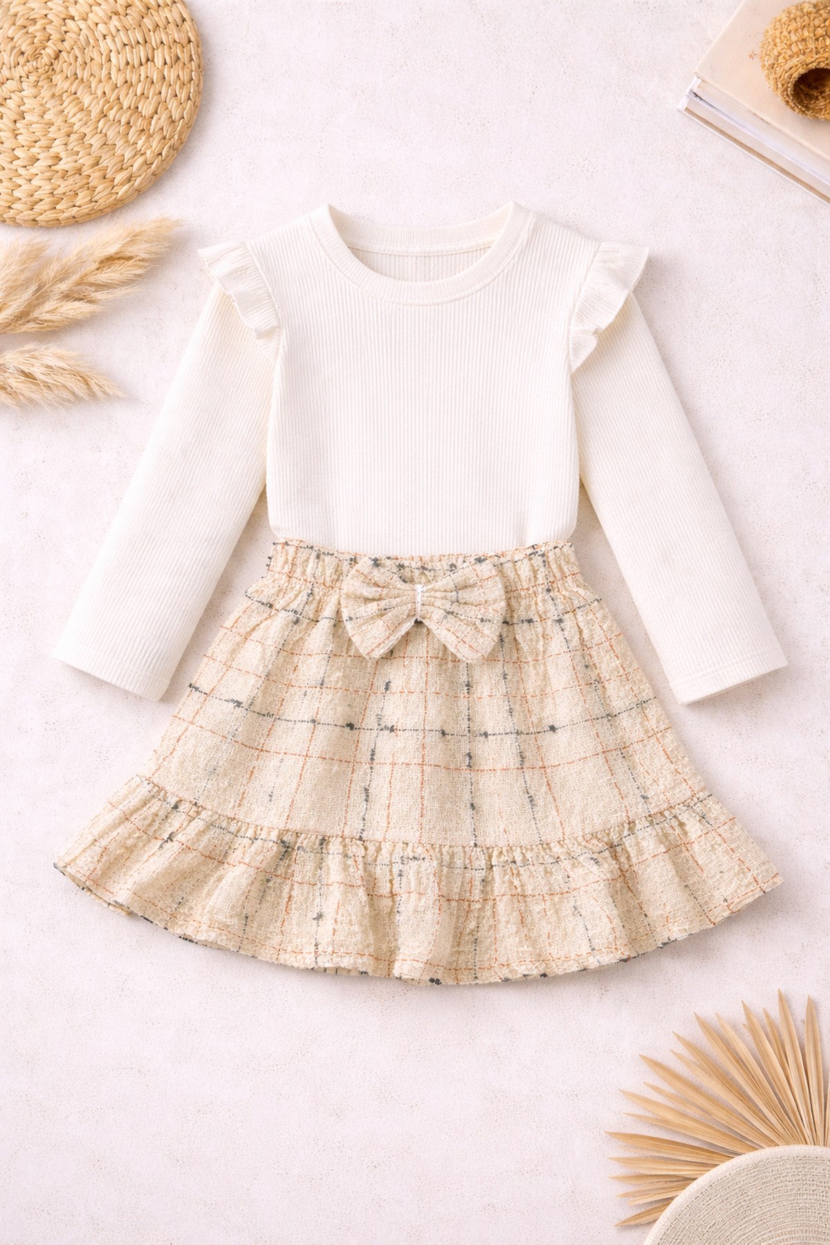 Beyaz Ribana Bluz & Fiyonk Detaylı Ekose Kız Çocuk Etek Takım - Görsel 2