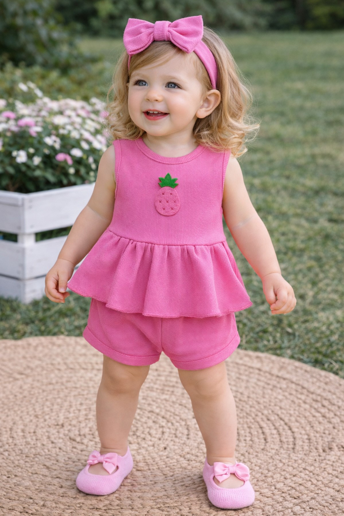 Kız Bebek Pembe Ribana Şortlu Takım Nakışlı Tavşan Desenli Ve Pembe Babet Çorap Set - Görsel 3