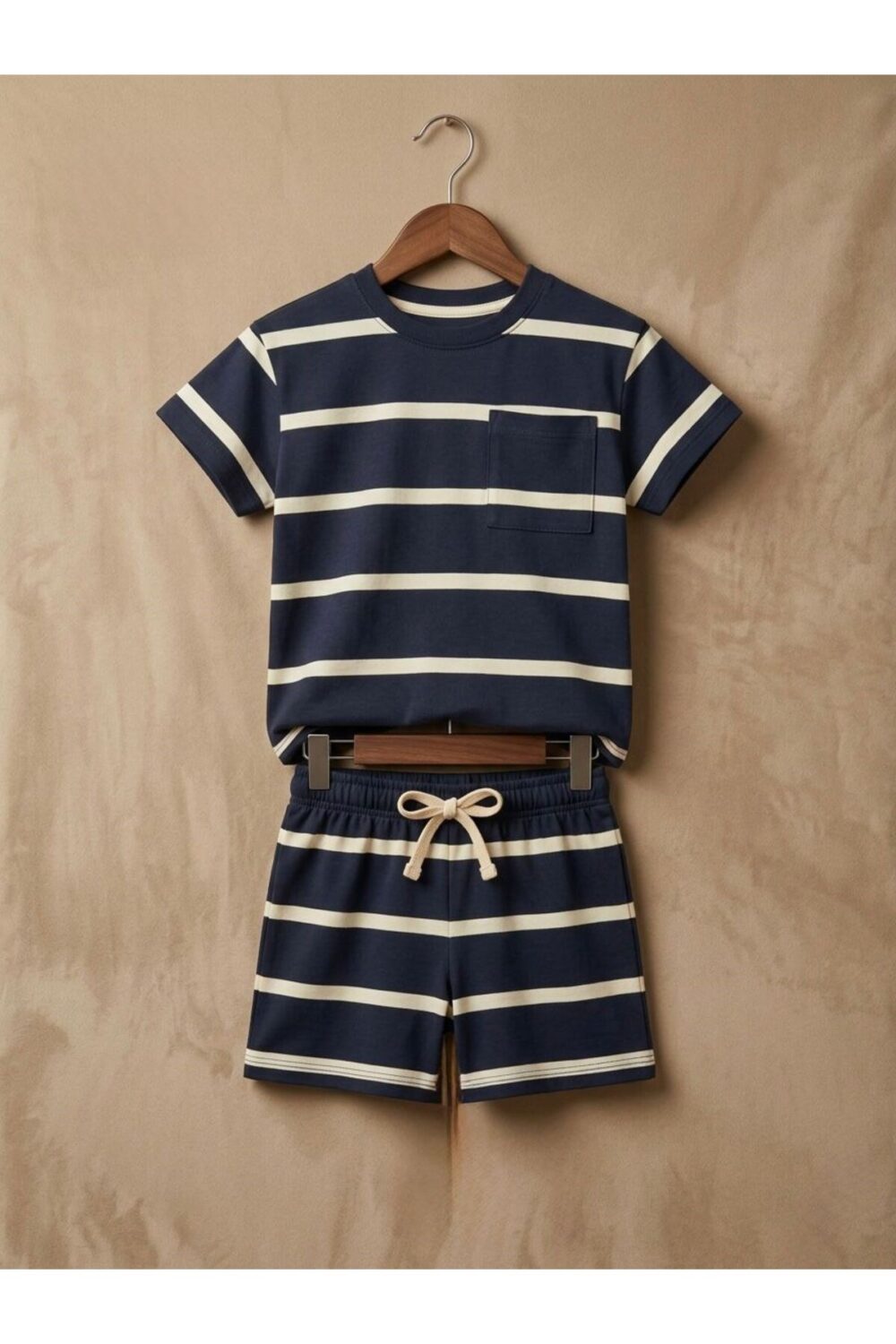 Kız Çocuk Lacivert Çizgili Şortlu Takım