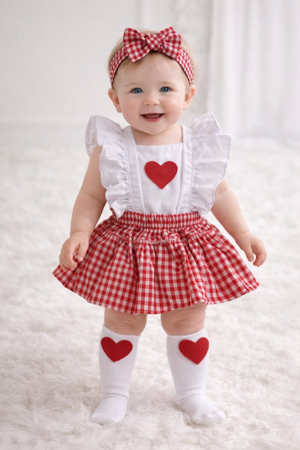 Kız Bebek Kırmızı Kalp Detaylı Kırmızı Pitikare Slopet Takım Bandana Ve Çorap Set