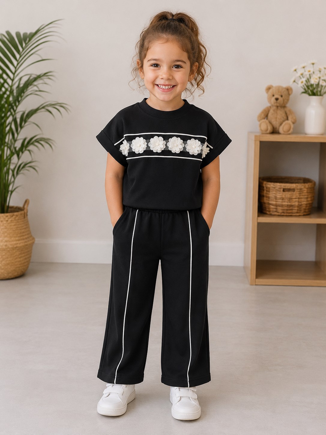 Kız Çocuk Çiçek Aplikeli Pantalon Takım