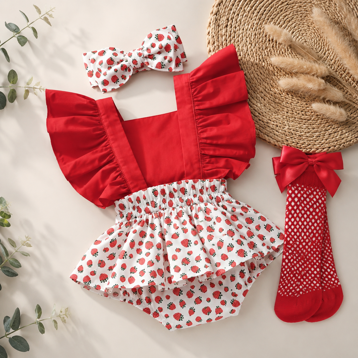 Kız Bebek Çilek Desenli Slopet Bandana Ve Kırmızı File Çorap Set